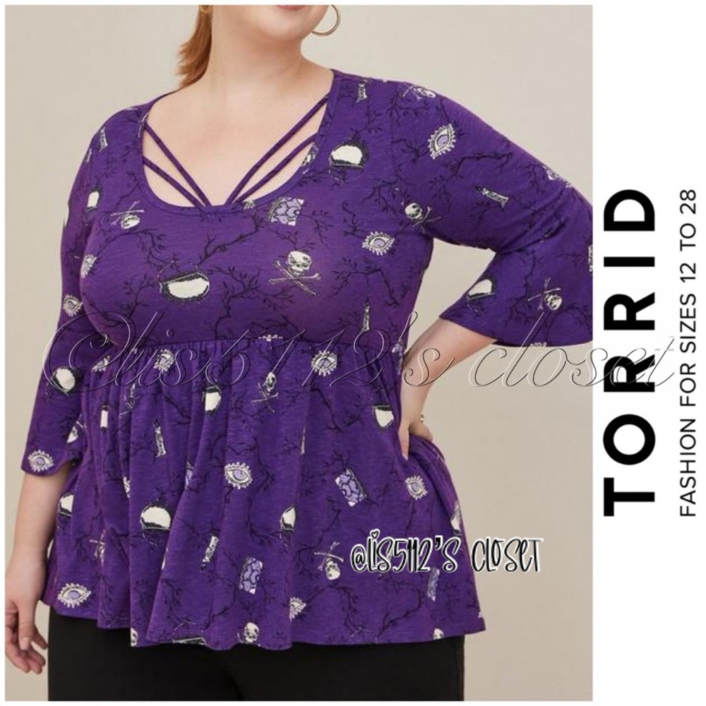 Torrid x Disney Purple Hocus Pocus Icons Bell Sleeves Babydoll Top 2X 18 20